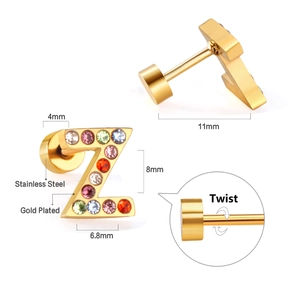 Detail showing gold plated stainless steel letter Z earring with multi-color crystals