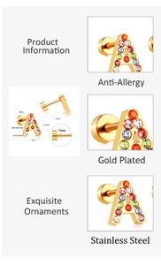Macro detail of gold plated letter A stud earring with colorful crystal stones