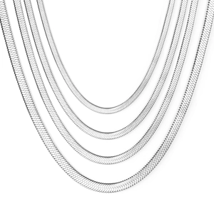 Layered silver stainless steel flat snake chains in various lengths with metallic shine