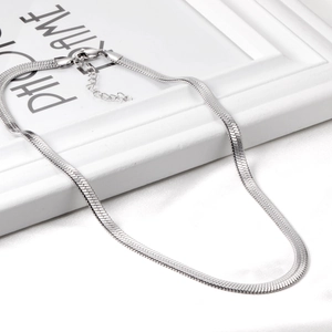 Close-up of flat silver snake chain necklace with lobster clasp on silk fabric