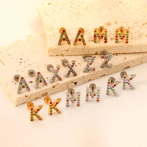 Alphabet Initial Letter Stud Earrings Gold Plated Stainless Steel Colorful Rhinestone Twist Screw Back