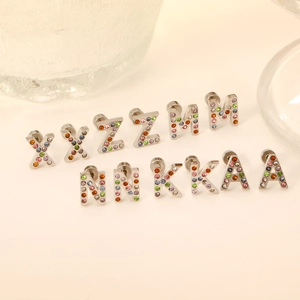 Colorful rhinestone alphabet earrings set in silver stainless steel with screw backs