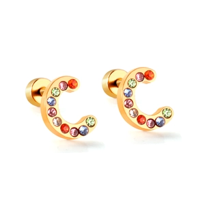 Golden C-letter stud earrings with colorful rhinestones and secure screw backs