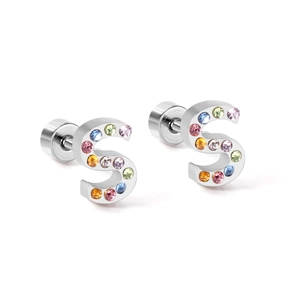 S-shaped letter stud earrings with colorful crystals and secure screw backs