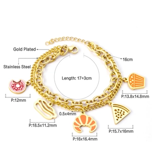 Detail view showing gold plated stainless steel food charms and dimensions on double chain