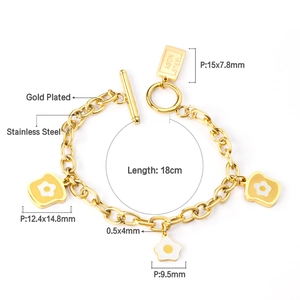 Détail d'un bracelet en acier doré avec des breloques émaillées de toast et d'œuf