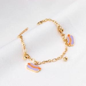 Bracelet en acier inoxydable plaqué or 18k avec pendentifs hot-dog et perles dorées