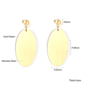 Macro detail of gold plated stainless steel oval earrings with precise size dimensions