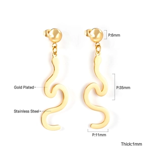 Detailed view of 35mm gold plated stainless steel snake earrings with size specifications