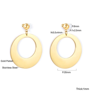 Polished gold plated stainless steel round drop earrings with dimensions 35mm diameter