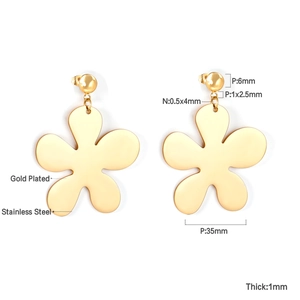 Detail view of 35mm gold plated stainless steel floral earrings with size dimensions