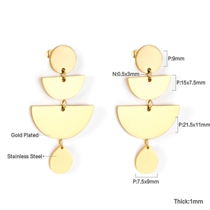Detailed view of gold plated stainless steel geometric earrings with dimensions and size info