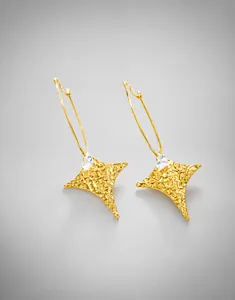 Vista detallada de pendientes de estrella dorados con textura y piedras de circón