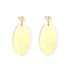 Macro detail of glossy gold oval drop earrings with polished stainless steel surface