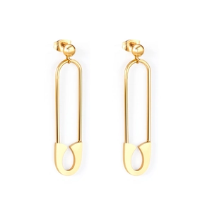 Detail view of gold safety pin earrings with minimalist oval pendants on white background