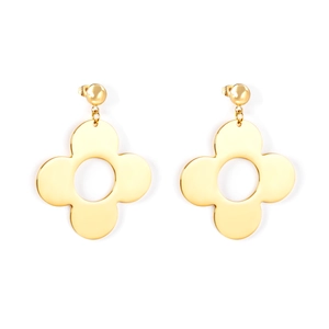 Detailed view of polished gold clover drop earrings with a sleek minimalist cutout design