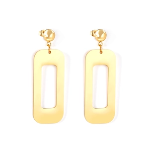 Close-up of polished gold rectangular drop earrings with minimalist geometric design