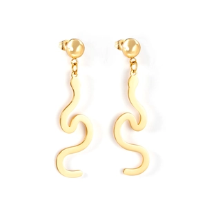 Macro detail of gold snake-shaped drop earrings with polished wavy metal finish