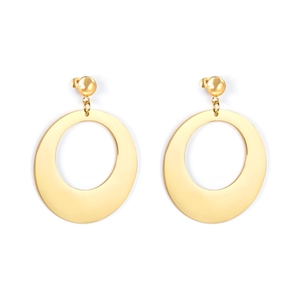Close-up of minimalist gold-plated large flat hoop earrings with mirror finish