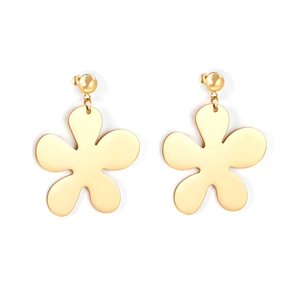 Detailed view of golden flower earrings with matte finish and sphere stud fastener