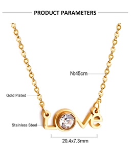 Close-up of gold plated stainless steel LOVE pendant with a sparkling white zircon stone