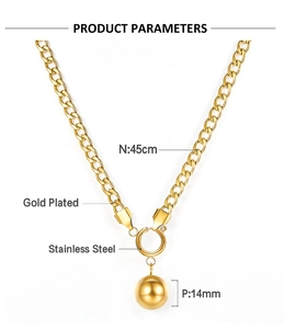 Detailed technical diagram showing 14mm gold-plated sphere pendant and 45cm chain length