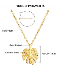 Detail view of gold-plated stainless steel monstera leaf pendant necklace specifications