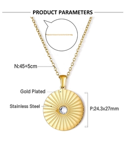 Detailed size chart of gold plated stainless steel sunburst pendant necklace dimensions