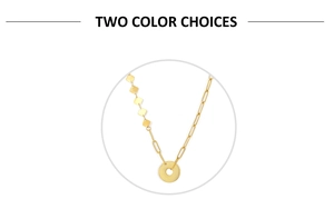 Detail of gold asymmetric necklace featuring a round textured disc and mixed link chain
