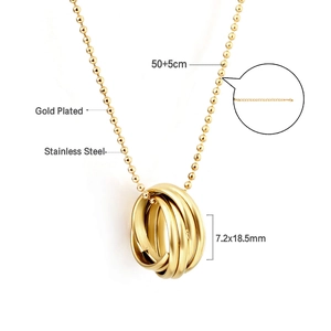 Gold plated stainless steel necklace with interlocking rings pendant and bead chain