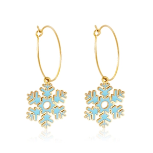 Pendientes de aro dorados con colgantes de copos de nieve azul claro y estilo minimalista