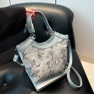 New Chinese Style Women Bucket Handbag Floral Embroidery PU Leather Fabric Crossbody Shoulder Bag Retro Elegant