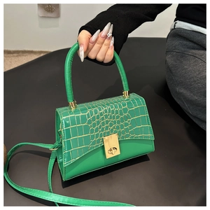 Macro shot of green crocodile pattern handbag with gold clasp and textured flap detail