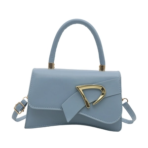 Light blue retro square handbag with unique curved base and gold metal buckle