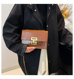 Detail of a brown glossy leather shoulder bag with a vintage gold metal clasp and chain