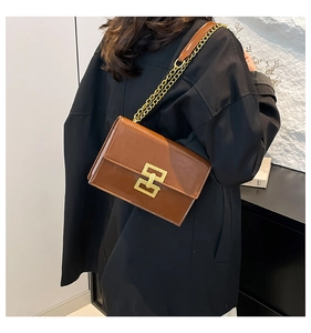 Detail of vintage dark brown square bag with large gold buckle and metal chain strap