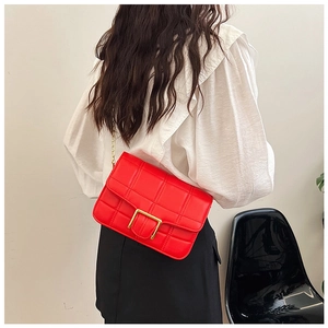 Close-up of a red quilted crossbody bag with a gold rectangular buckle and chain strap