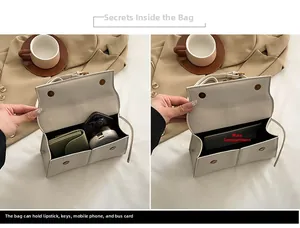 Dettaglio dell'interno della borsa a trapezio in pelle con doppi scomparti e oggetti comuni