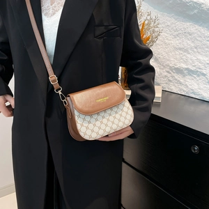 Fashion cross-body saddle bag with vintage pattern and brown leather flap for women
