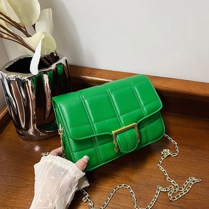 Quilted Grid Crossbody Bag PU Leather Golden Chain Strap Small Square Shoulder Handbag For Women Trendy Casual Fashion