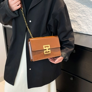 Retro brown glossy small square bag with gold chain and geometric buckle on model
