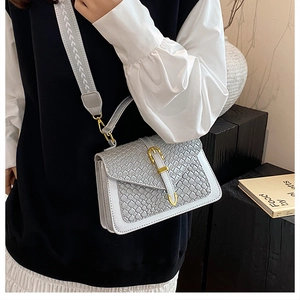 Close-up of grey crocodile-textured crossbody bag with gold buckle and wide woven strap
