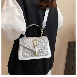 Detail of silver woven texture handbag with metal U-handle and wide patterned strap