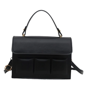 Chic black PU leather handbag with three decorative padded squares and gold-tone hardware