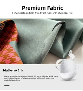 Detail of premium green mulberry silk scarf with geometric patchwork and soft texture