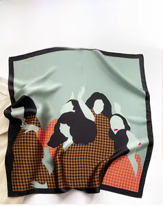 Detail of silk scarf with houndstooth pattern and artistic female silhouettes in sage green