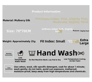 Detalle que muestra tamaño 70x70cm e instrucciones de cuidado para pañuelo de seda