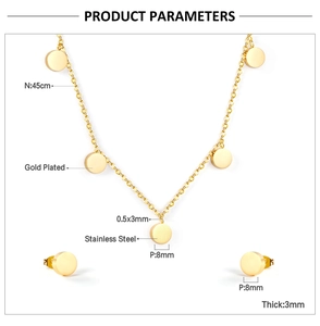 Spécifications du ensemble de bijoux en acier inoxydable doré avec dimensions