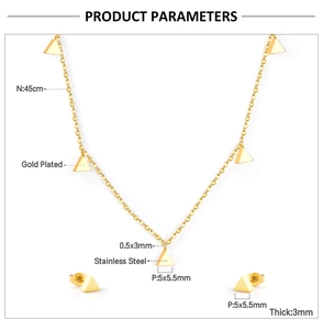 Dimensions détaillées de l'ensemble collier et boucles d'oreilles triangle en acier doré