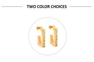 Detail of gold rectangular stud earrings with a vertical row of white zircon stones